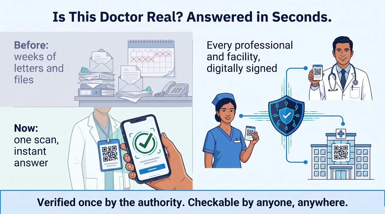 Credential verification: weeks of letters and files replaced by one QR scan giving an instant answer, with every professional and facility digitally signed