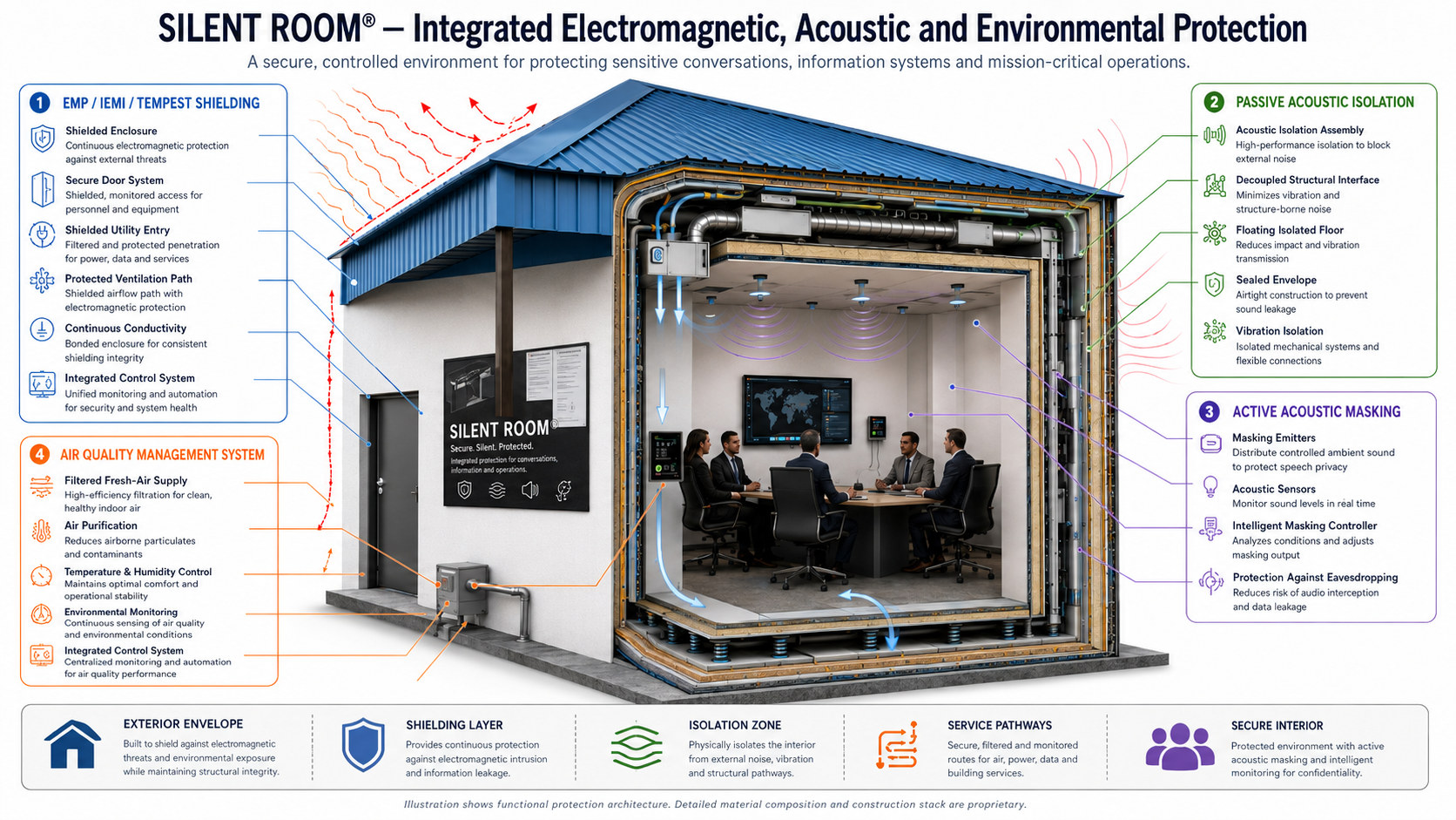 Cutaway diagram of the Silent Room showing four integrated protection systems — electromagnetic shielding, acoustic isolation, active acoustic management and environmental management — around a secure meeting interior.